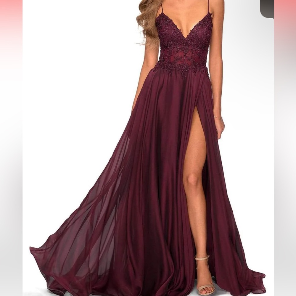 La Femme Floral Appliqué Chiffon Gown